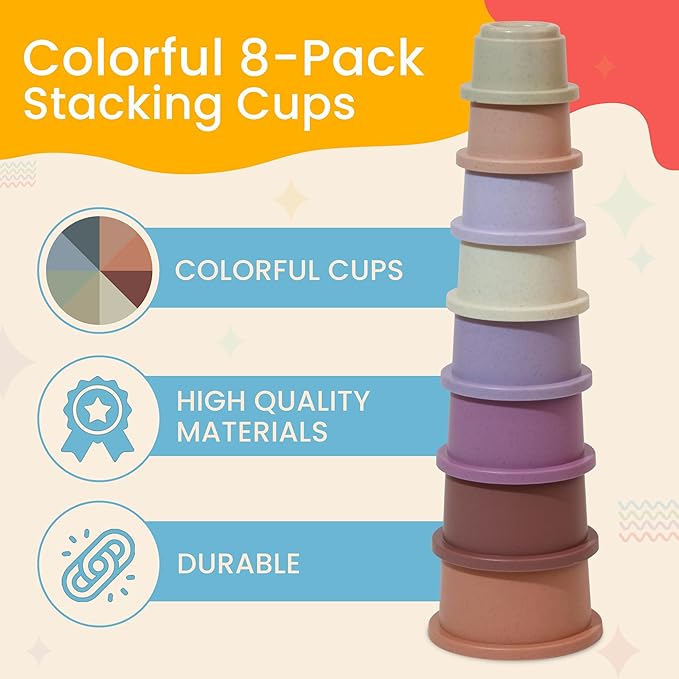 Stacking Cups Baby Toy Educational Cup Stacking Set 8-Pc Stackable Cups with Number Rainbow Nesting Cups for Babies 6-12 Months Stacking Cups for Toddlers 1-3 Perfect for Indoor/Outdoor