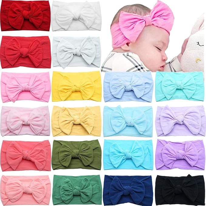 CÉLLOT 20 Colors Super Stretchy Soft Knot Baby Girl Headbands with Hair Bows Nylon Head Wrap For Newborn Baby Girls Infants Toddlers Kids