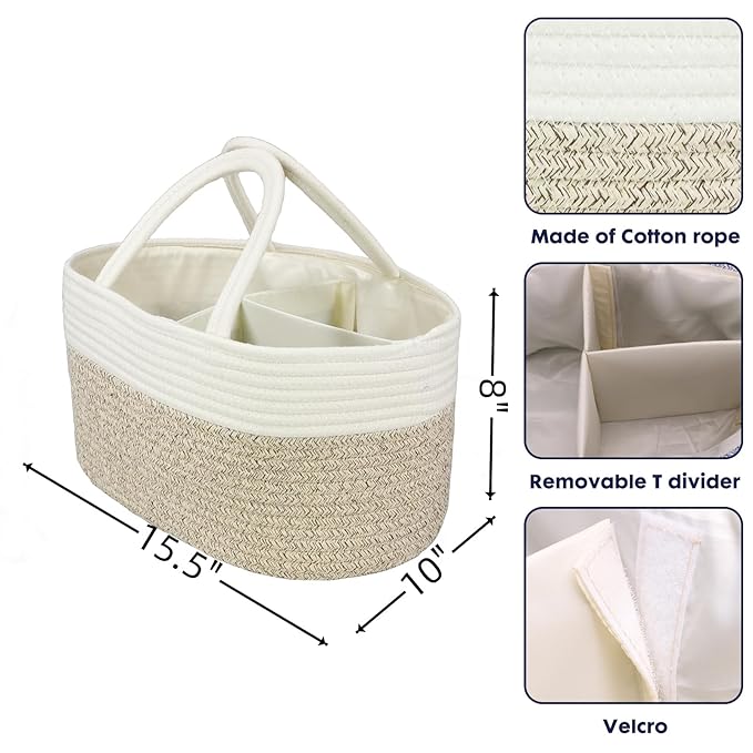 Large Baby Diaper Caddy Organizer for Girl Boy Rope Nursery Storage Bin Basket Portable Holder Tote Bag for Changing Table Car Travel Baby Shower Gifts Newborn Registry Must Haves White and Brown