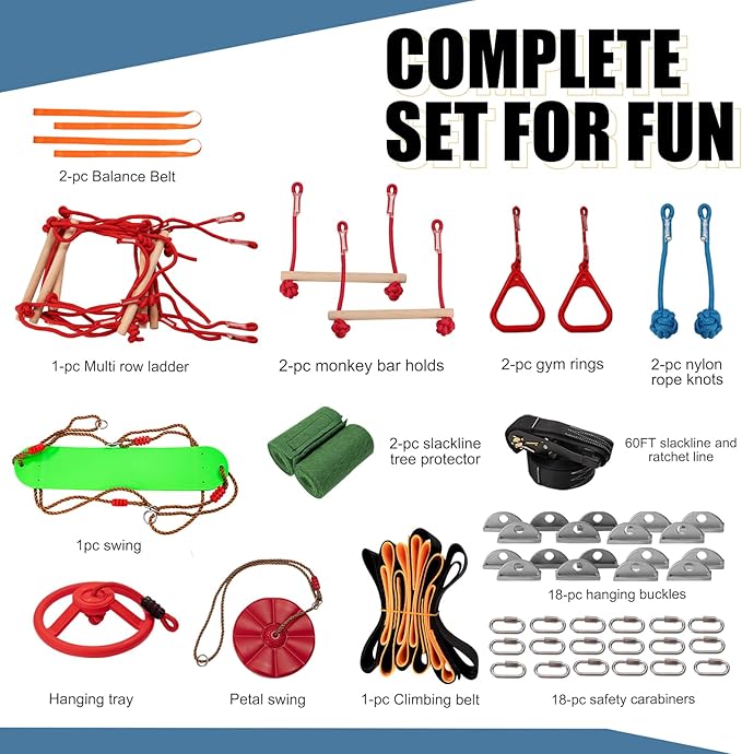 Slsy 60FT Ninja Warrior Obstacle Course for Kids, Complete 13-Obstacle Slackline Kit with Monkey Bar, Swing, Balance Belt, Climbing Ladder & Net, Durable Outdoor Playset Equipment