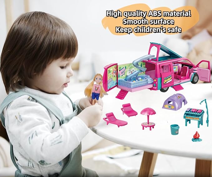 Doll Camper Van Playset for Girls,Portable Pretend Doll Car Set for Kid,Colorful Camper Vehicle RV Van with Furniture, Pool & Accessories,Outdoor Transformable Vehicles, Toddler Toys 3+
