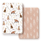 GRSSDER Stretchy Ultra Soft Jersey Knit Fitted Pack n Play Sheets Set 2 Pack, Fit Portable/Mini Crib, Playards Mattress Pads Safe and Snug, Pretty Fox for Baby Girls