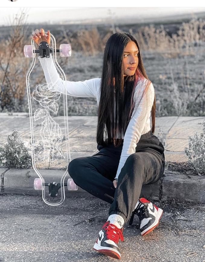 Clear Longboard Skateboard - Transparent Acrylic Long Boards with Light-Up LED Wheels for Smooth Rides - Ride The Streets in Style with Longboard Built for Beginners & Pros Alike