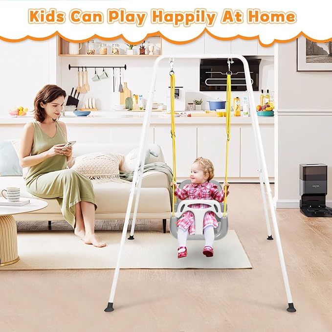 4-in-1 Toddler Swing Set & Baby Jumper and Bouncer for Toddlers, Foldable Baby Swing Stand for Outdoor Indoor Play, Easy to Assemble and Store for Ages 6 Months to 10 Years Old (White)
