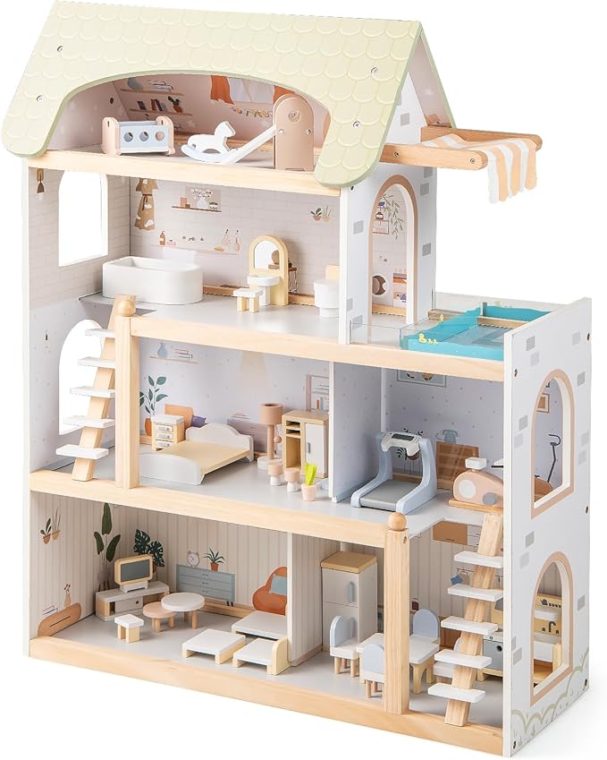 Costzon Wooden Dollhouse, Kids DIY Pretend Playhouse w/ 33 PCS Furniture Accessories, Modern Family Play House Toy w/Balcony, Pool for Girls & Boys Ages 3+ Years Old