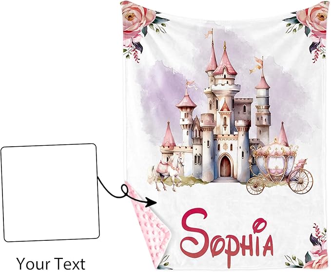 Personalized Baby Blankets for Girls, Custom Name Floral Castle Pattern Baby Blanket, Soft Minky Dot Blanket for Newborns and Toddlers, Ideal for Baby Showers Christmas Brithday Gifts