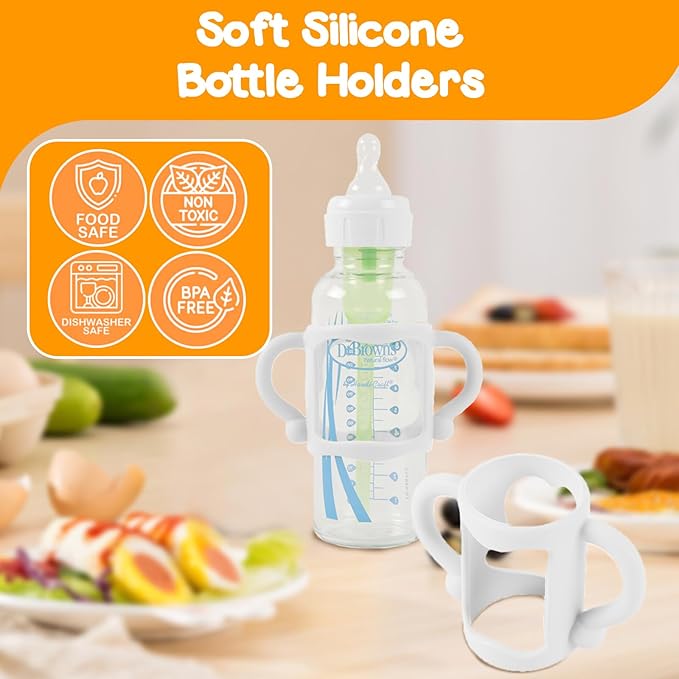 TonGass (4-Pack) Bottle Handles for Dr Brown Narrow Baby Bottles with Easy Grip Handles to Hold Their Own Bottle - BPA-Free Soft Silicone - Red Blue Pink and White