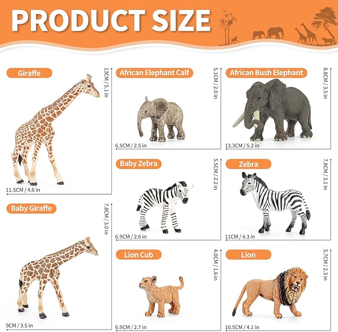 8PCS Safari Zoo Animals Figurines Toys, Realistic Plastic Jungle Animal Figures, Includes Lion,Elephant,Giraffe,Zebra, African Wild Animals, Educational Learning Playset for Kids