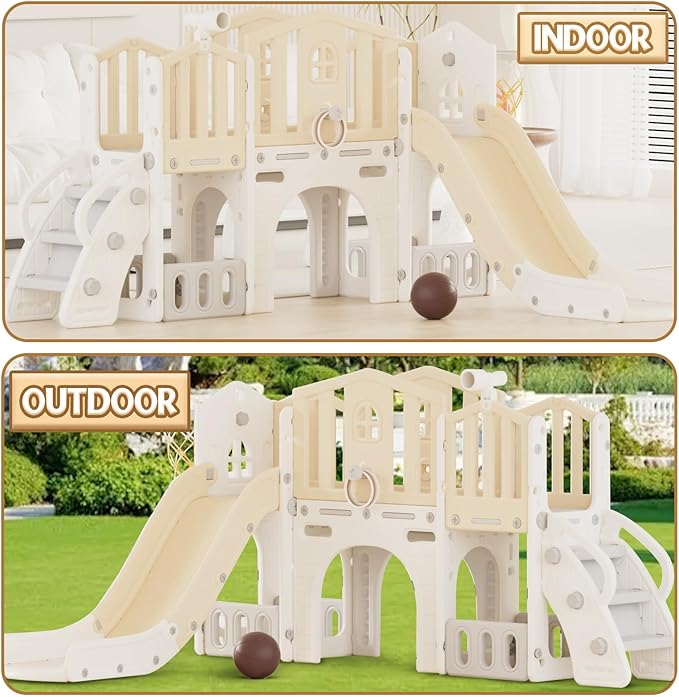XJD 9 in 1 Toddler Slide Set, Kids Slide for Toddlers Age 1+, Toddler Climber Slide PlaySet with Basketball Hoop and Ball,Outdoor Indoor Playground for Toddlers 1-3 (Beige)