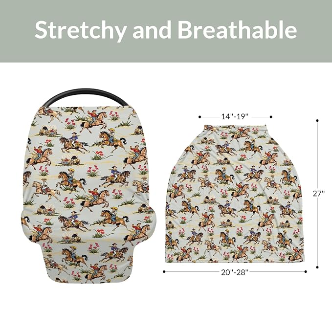 Vintage Cowboy Floral Car Seat Cover for Baby Western Cowboy Horse Stretchy 5-in-1 Covers Adjustable Car Canopy Cover Wild West Desert Breathable Nursing Cover-Up