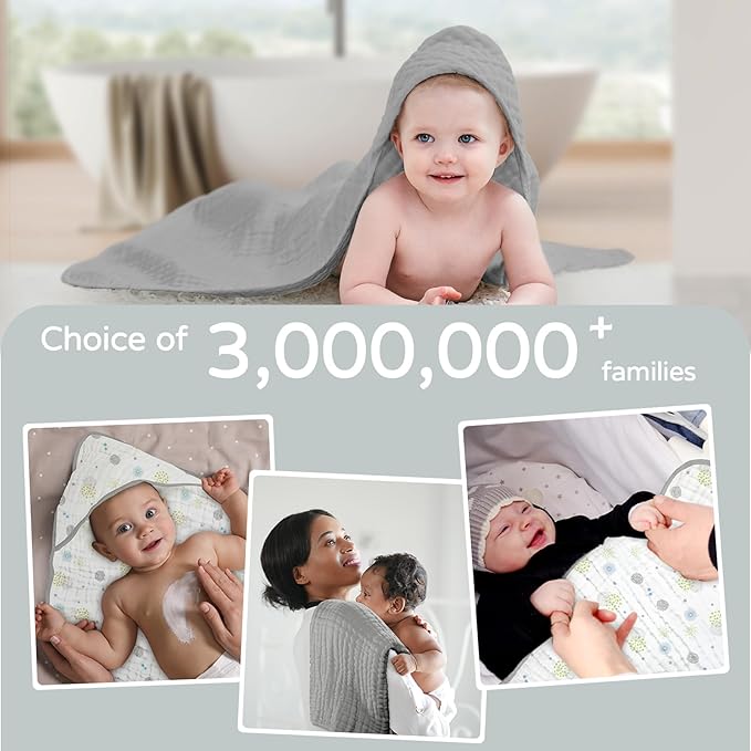 Yoofoss Hooded Baby Towels for Newborn 2 Pack 100% Muslin Organic Cotton Baby Bath Towel with Hood for Babies, Infant, Toddler and Kids, 32x32Inch, Soft and Absorbent Newborn Essential,Grey Flower