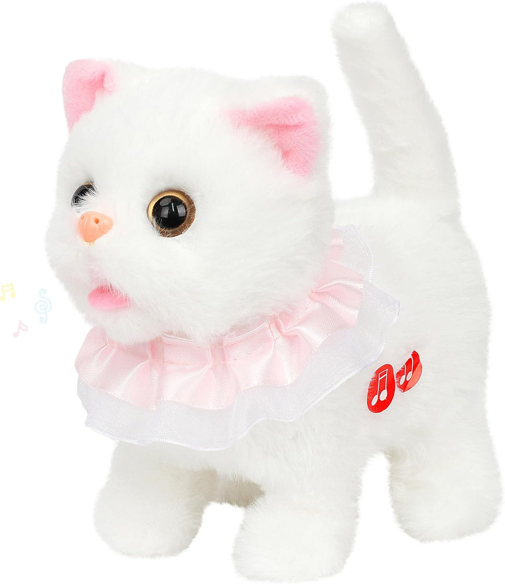 Easfan 7" Walking Plush Kitty Toy Stuffed Animal Electric Interactive with Dress Talking Musical Cute Plush Toy White Cat Tail Wagging Christmas Birthday Gifts for Kids Toddlers