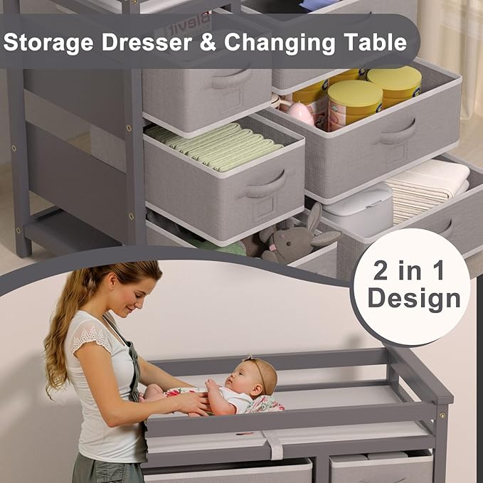 YUFU Changing Table, Nursery Dresser with 6 Storage Drawers, Safety Rails & Strap, Baby Diaper Changing Station, Gray