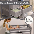 YUFU Changing Table, Nursery Dresser with 6 Storage Drawers, Safety Rails & Strap, Baby Diaper Changing Station, Gray