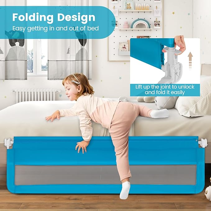 HONEY JOY Bed Rail for Toddlers, 71-in Extra Long, Portable Safety Bed Guardrail w/Double Safety Child Lock, Foldable Baby Bed Rail Guard, Fit King & Queen Full Twin Size Bed Mattress(Blue, Pack 1)