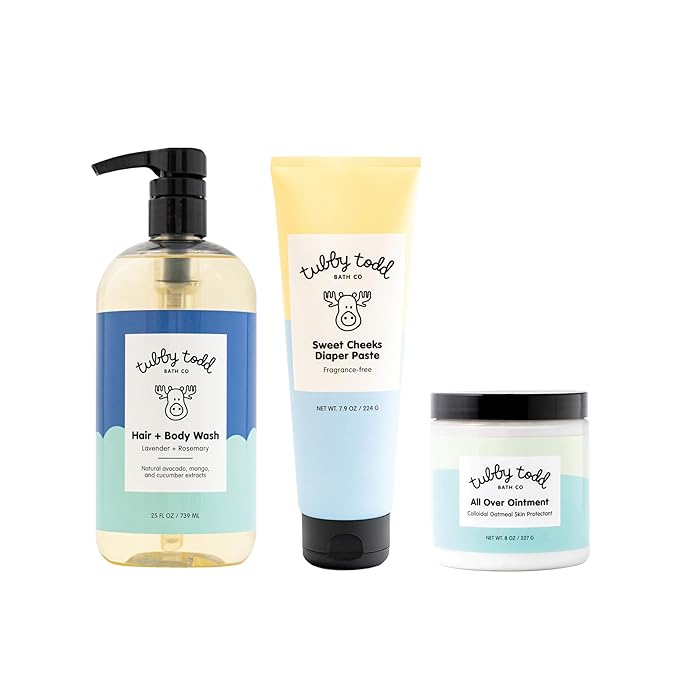 TUBBY TODD Baby Bundle Newborn Skin Care Set - Hypoallergenic Hair + Body Wash, All Over Ointment with Colloidal Oatmeal, Sweet Cheeks Diaper Paste - Lavender Rosemary, Full Size