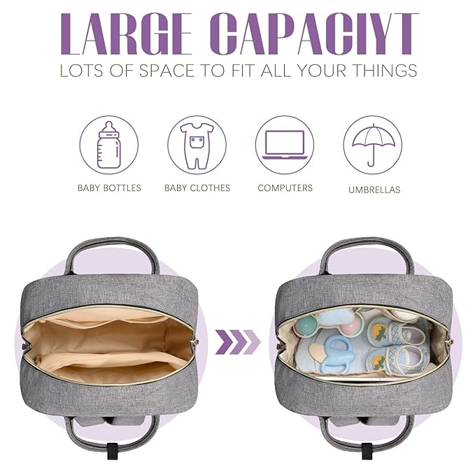 Tuwubi Diaper Bag Backpack, Baby Essentials Travel Tote Bag, Multi function Waterproof Backpacks, Travel Essentials with Stroller Straps & Pacifier Case - Grey