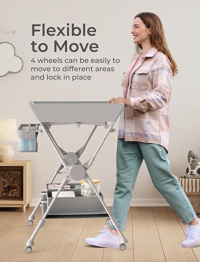 Baby Changing Table, Folding Changing Table with Heating Function, Waterproof Diaper Changing Station with Adjustable Height, 2 Drawers, Portable Baby Changing Station for Infant, Nursery, Newborn