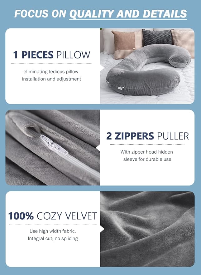 INSEN Pregnancy Pillow,Maternity Body Pillow with Velvet Cover,C Shaped Body Pillow for Sleeping (Grey)