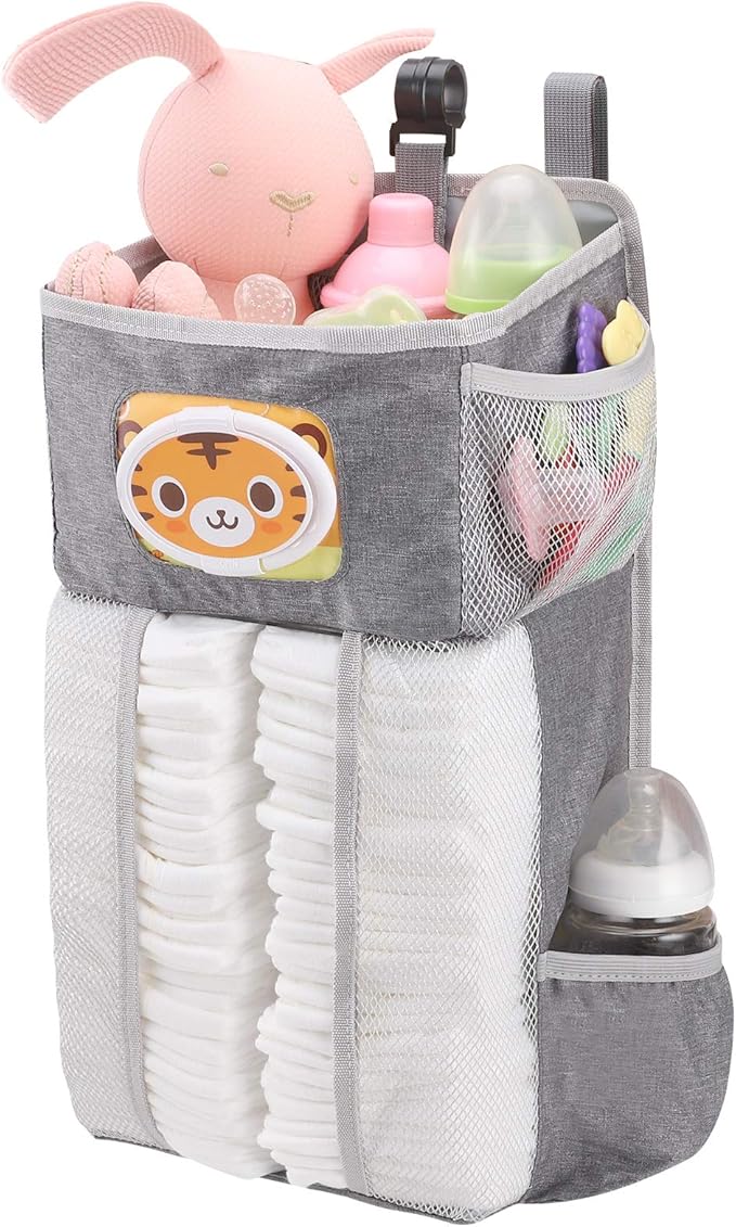 Accmor Hanging Baby Diaper Caddy Organizer, Diaper Stacker, Baby Crib Hanging Classified Storage Bag Organizer for Changing Table, Crib, Playard or Wall & Nursery Organization, Grey