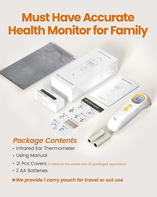Ear Thermometer, Highly Accurate Thermometer for Kids, Adults and Toddlers, 32 Memory Recall, 1s Fast, 3 Color Fever Alarm with Mute Mode, 21 Disposable Probe Covers