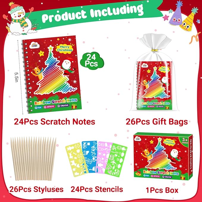 ZMLM Rainbow Scratch Party Favors Kids: Birthday Gifts Toy Bulk Scratch Art Notebook 24 Pack Birthday Goodie Bags Stuffers Girls Boys Art Craft Pad Classroom Prizes School Teacher Supplies (Christmas)