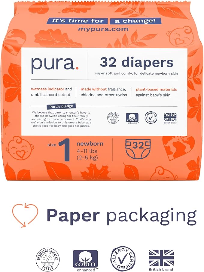 Pura Size 1 Eco-Friendly Diapers (4-11lbs) Hypoallergenic, Soft Organic Cotton Comfort, Sustainable, Wetness Indicator, Allergy UK, Newborn, Bulk Buy, 6 Packs of 32 (192 Baby Diapers)