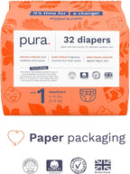 Pura Size 1 Eco-Friendly Diapers (4-11lbs) Hypoallergenic, Soft Organic Cotton Comfort, Sustainable, Wetness Indicator, Allergy UK, Newborn, Bulk Buy, 6 Packs of 32 (192 Baby Diapers)