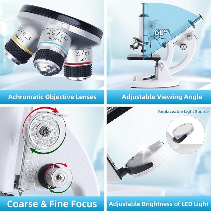 Microscope for Adults Kids, 40X-2000X Microscope Kit with Adjustable Brightness LED, Slides, Biological Compound Microscopes for School Lab Home Education, Gifts for Children Students
