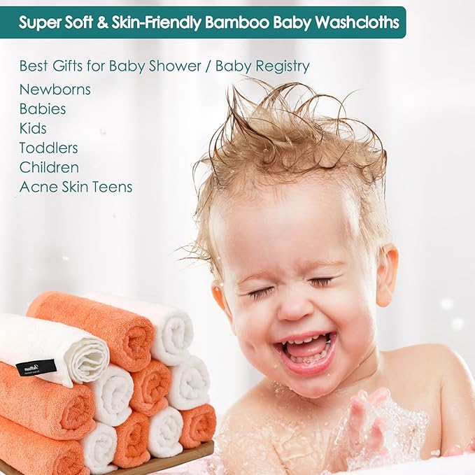 Baby Washcloths 6 Pack, 10x10 inch Orange Small Wash Cloths for Face and Body, Super Soft & Gentle Face Towels on Sensitive Skin, Newborn Registry Bath Shower Gifts for Infant Kid Toddler Children