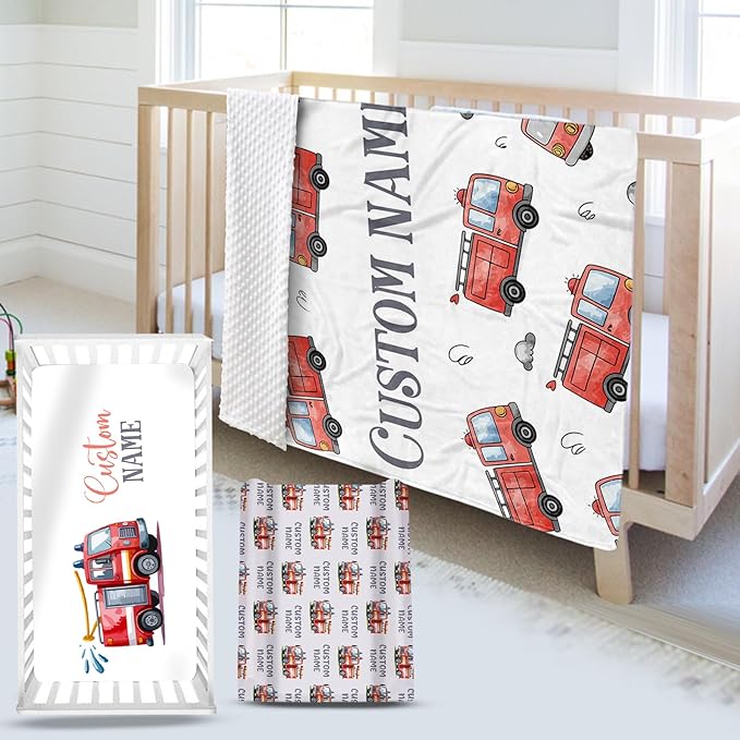 Personalized Baby Crib Bedding Set – Fire Truck Theme Nursery Bedding Sets 3 Piece with Custom Name Blanket, Fitted Crib Sheet & Changing Pad Cover – Ideal Newborn Gift for Boys