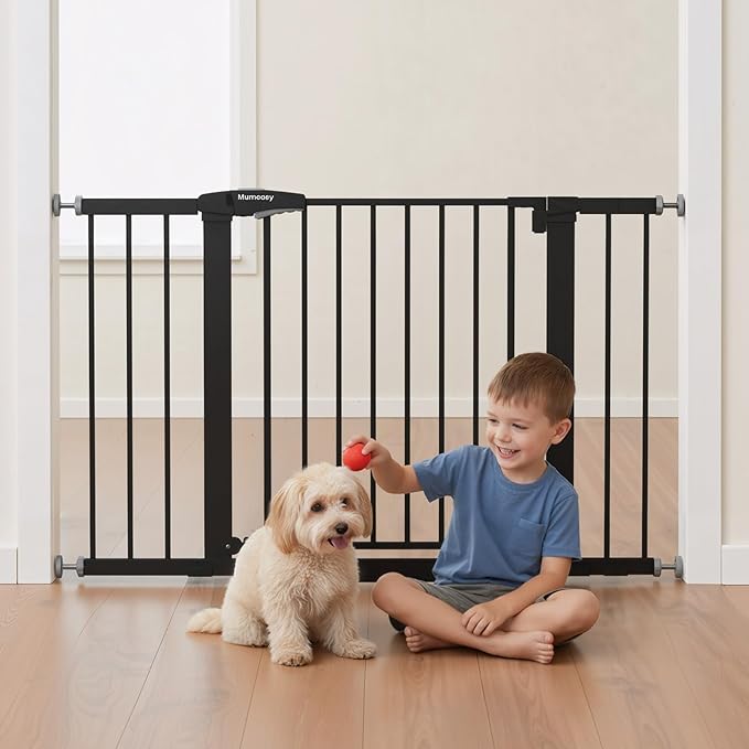 29.7-46" Extra Wide Baby Gate for Stairs, Pressure Mounted Dog Gate Indoor for Doorways, Auto Close Pet Gate with Walk Thru Door, Double Lock Child Safety Gate for Kids and Pet, No-Trip Design
