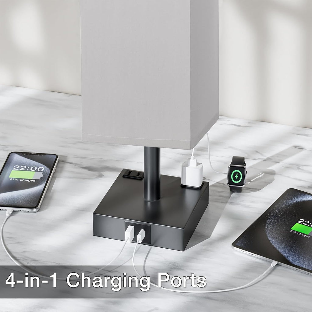 Touch Bedside Table Lamp For Nightstand - 3-Way Dimmable Night Lamp with USB A + Type C Charging Ports and two AC Outlets, Small Desk Light with E26 LED Bulb for Bedroom Living Room Office, Grey Black