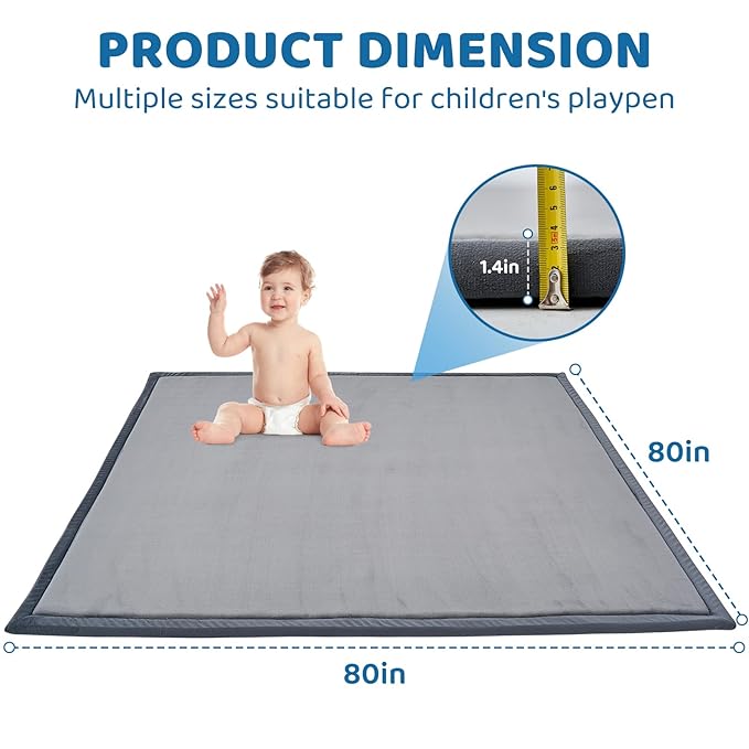 SUNYRISY Baby Play Mat for Floor, 1.4in Thick Memory Foam Padded Play Mats for Baby, Soft Velvet Infants Toddler Kids Play Mat Non-Slip Bottom, Crawling Baby Rugs for Nursery 80x80in