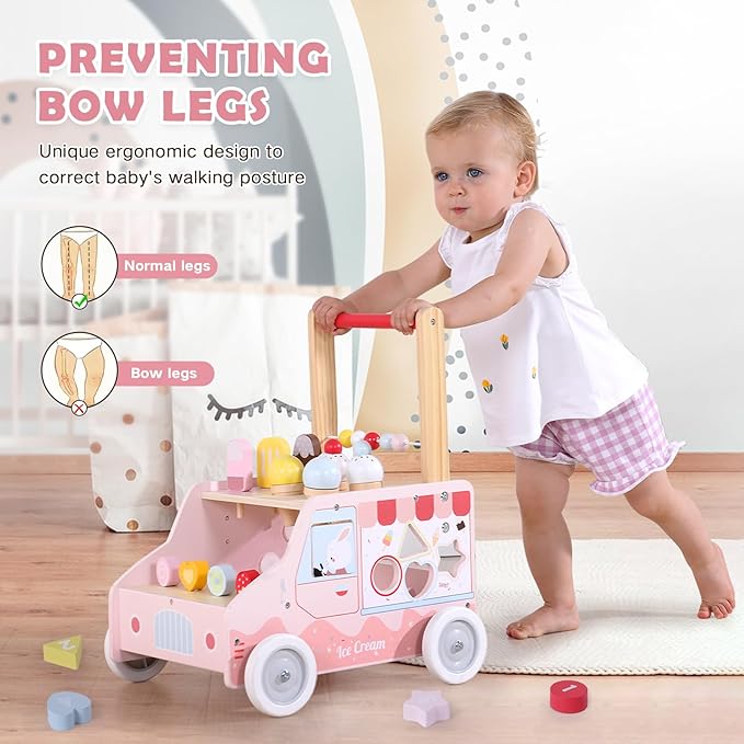 labebe Wooden Baby Walker, Push Activity Walker for Kids 12M+, Multifunctional Ice Cream Cart Activity, Adjustable Speed Learning Walking with Wheels, Birthday Gift for Girls Boys Ages 1-3 (Pink)