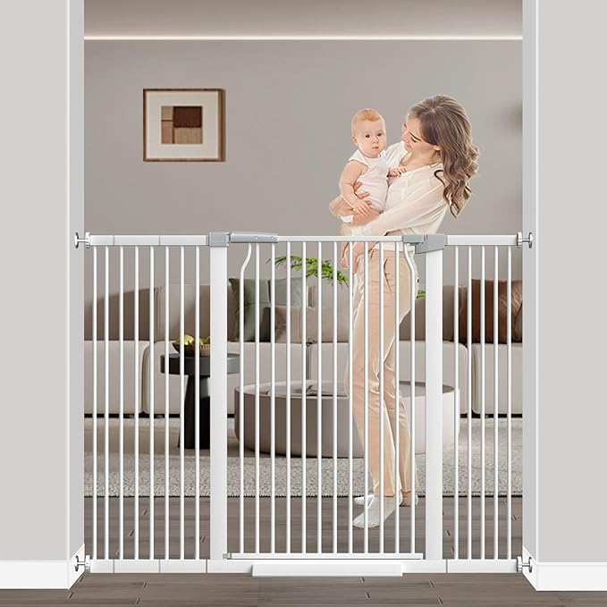 40.5"-54.7" Baby Gates for Doorways, 40.5" Tall Dog Gate Indoor, Walk Through Pet Gates No Drilling Auto Close Pressure Mounted Safety Child Toddler Gate, White