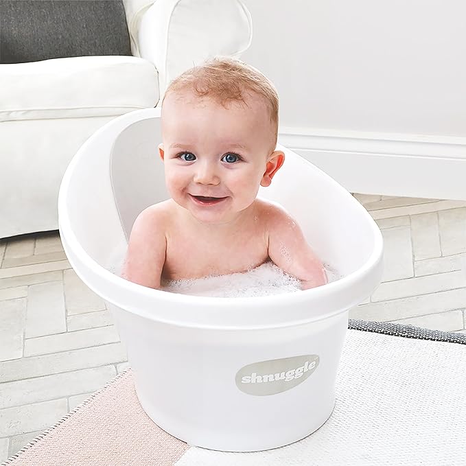 Shnuggle Newborn Baby Bath | Built in Support Bump and Soft Backrest | Suitable from Newborn | Bath Seat Support Includes Plug | White with Grey Backrest