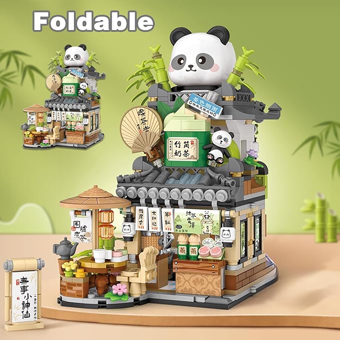 Panda Tea Shop Mini Street Scape Building Blocks, Panda Creative Building Toys for Girls 6-12, Gift Idea for Kids Adults (860PCS)