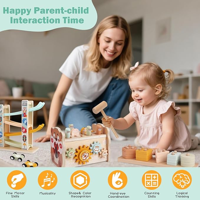 Wooden Montessori Toys for Toddlers 1-3, Baby Pounding Hammering Toy with Xylophone & Fishing Game, Car Ramp Racer, Stacking Blocks & Shape Sorter, 3 in 1 Learning Multi-Activity Set for 1 + Year Old