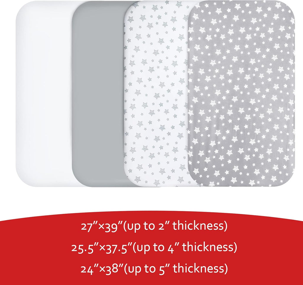 Pack and Play Sheets, 4 Pack Mini Crib Sheets, Stretchy Pack n Play Playard Fitted Sheet, Compatible with Graco Pack n Play, Soft and Breathable Material, Grey