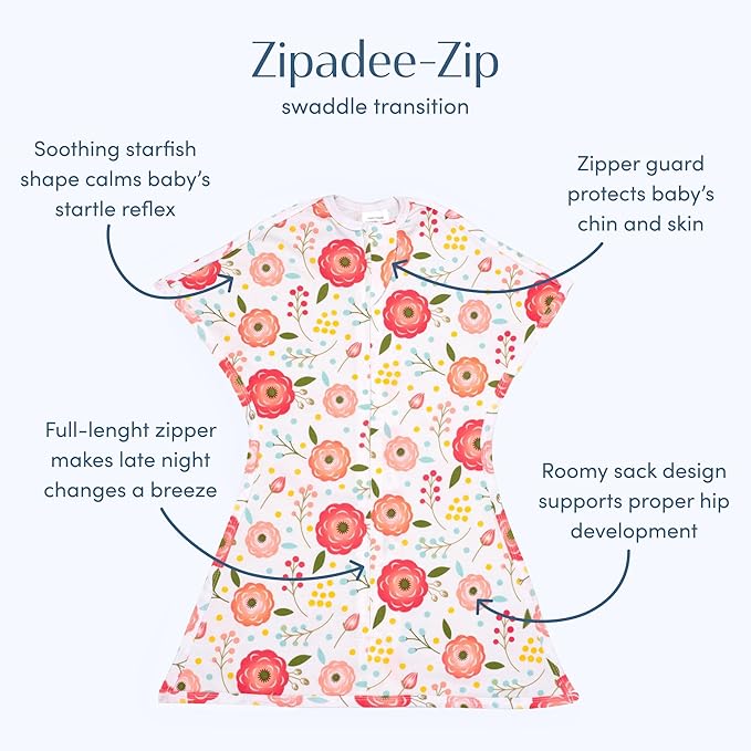 SleepingBaby Zipadee-Zip Transition Swaddle - Cozy Baby Swaddle Blanket with Zipper Convenience - Roomy Wearable Blanket for Easy Diaper Changes - Pretty Poppy, X-Small (3-6 Month)