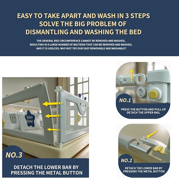 3-Piece U Type Toddler Bed Rails, Folding Baby Bed Guard for Kids, Adjustable, Safety, Convenient Bed Rails, Guard Rail for Twin, Full, Queen& King Size (Grey Cartoon, 59x78.7x78.7 Inch)