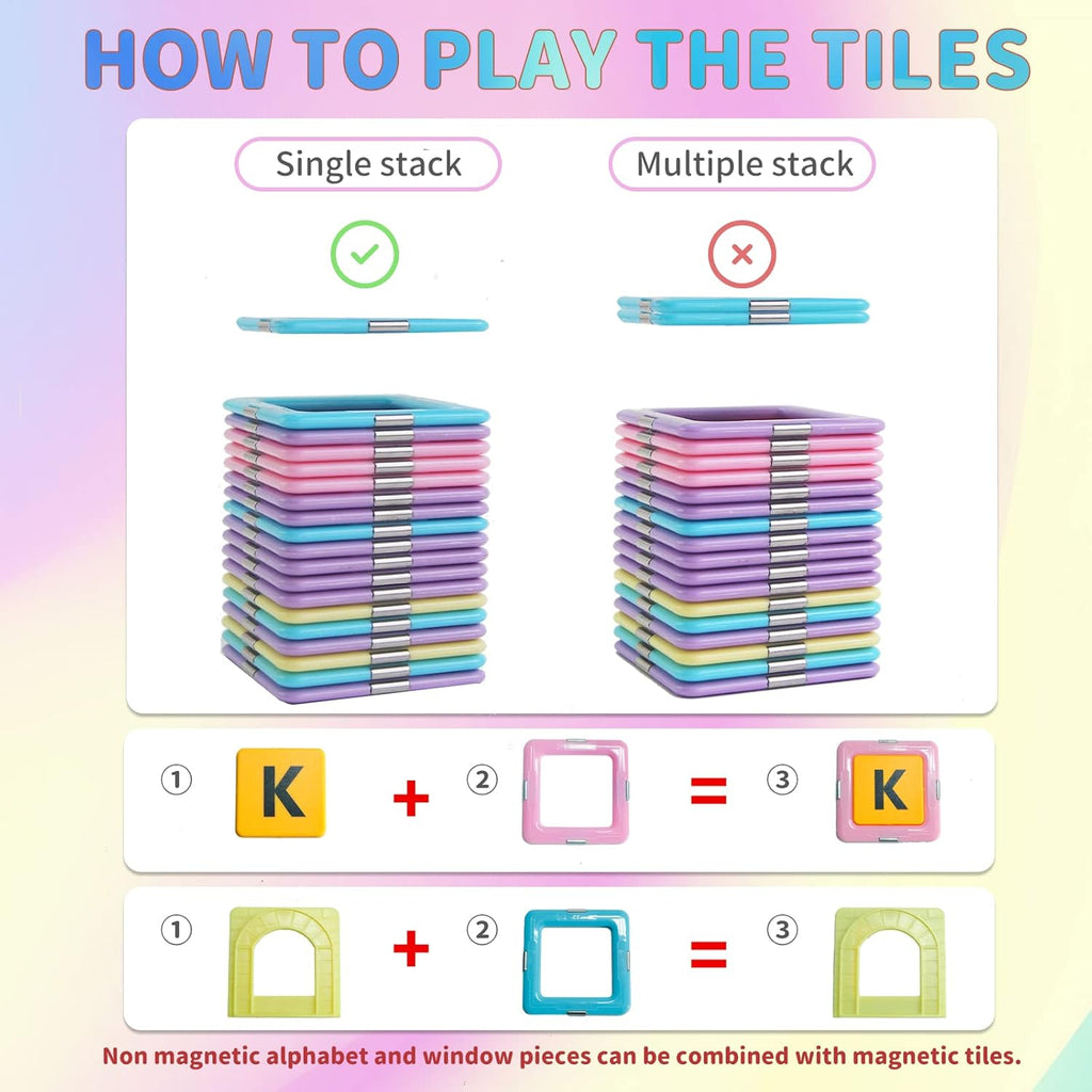 Magnetic Tiles Building Blocks Toys for Kids, 136 Pieces 3D Creative Castle Construction Magnetic Stacking Set Preschool Intelligence STEM Toys for Girls Boys Age 3years and Up (Educational Set)