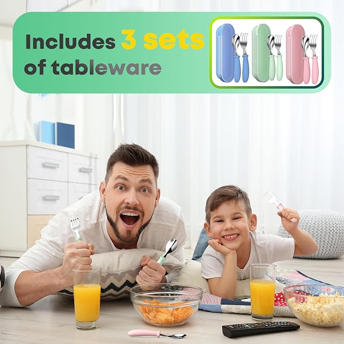 Toddler Utensils, Kids Stainless Steel Silverware Set, Toddler Forks and Spoons, Baby Utensils Set with Storage Box for Self Feeding Safe, Dishwasher Safe (3 Set with Case)