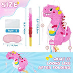 WERNNSAI Foldable Dinosaur Piñata - Pull String Dinosaur Birthday Party Supplies Extendable Piñata with Blindfold Bat and Tassels Dinosaur Birthday Decoration Pink Dinosaur Piñatas for Classroom Game