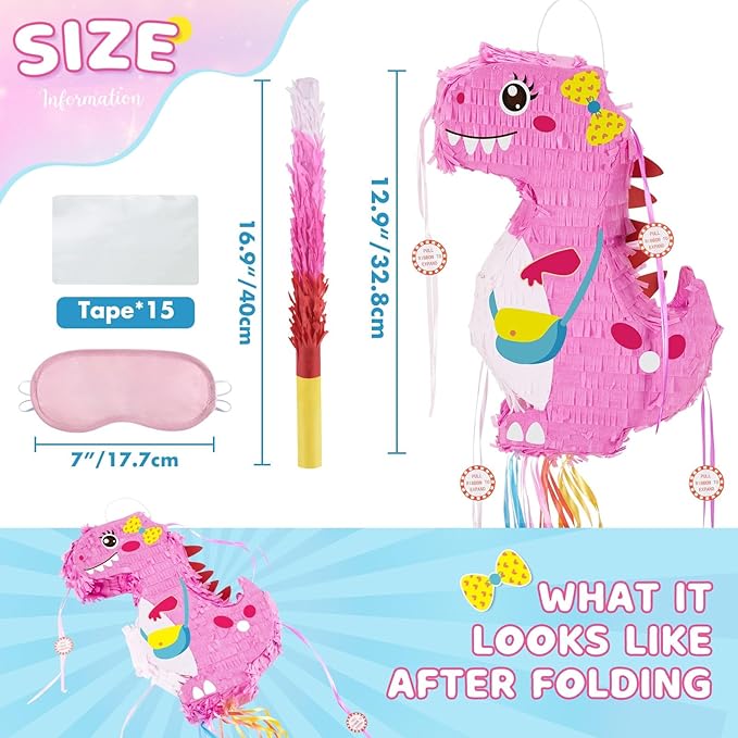 WERNNSAI Foldable Dinosaur Piñata - Pull String Dinosaur Birthday Party Supplies Extendable Piñata with Blindfold Bat and Tassels Dinosaur Birthday Decoration Pink Dinosaur Piñatas for Classroom Game
