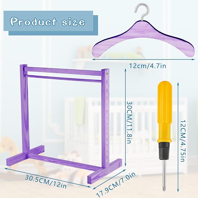 Civaner 11 Pcs Doll Garment Rack with Wooden Clothes Hanger for 18 Inch Girl Doll Clothes Mini Hangers Wardrobe Furniture Accessories for Dollhouse Baby Shower Supplies (Purple)