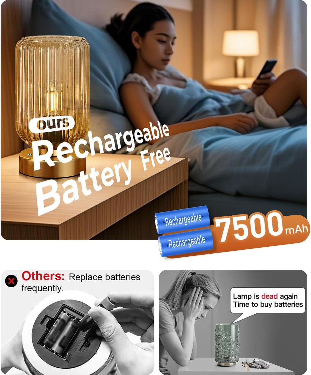 Touch Table Lamp for Nightstand - Small Bedside Lamps for Night Stands Bedroom Living Room, Dimmable Rechargeable Desk Lamp Battery Operated with Amber Glass Shade, Bulb Included