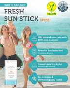 Fresh Sun Stick Mild SPF 50 - No White Cast Zinc Oxide Mineral Sunscreen Stick Balm - Non Greasy Soft Matte Finish - Travel Friendly for Babies, Kids & Adults - Vegan, Reef-Safe, 0.49oz.