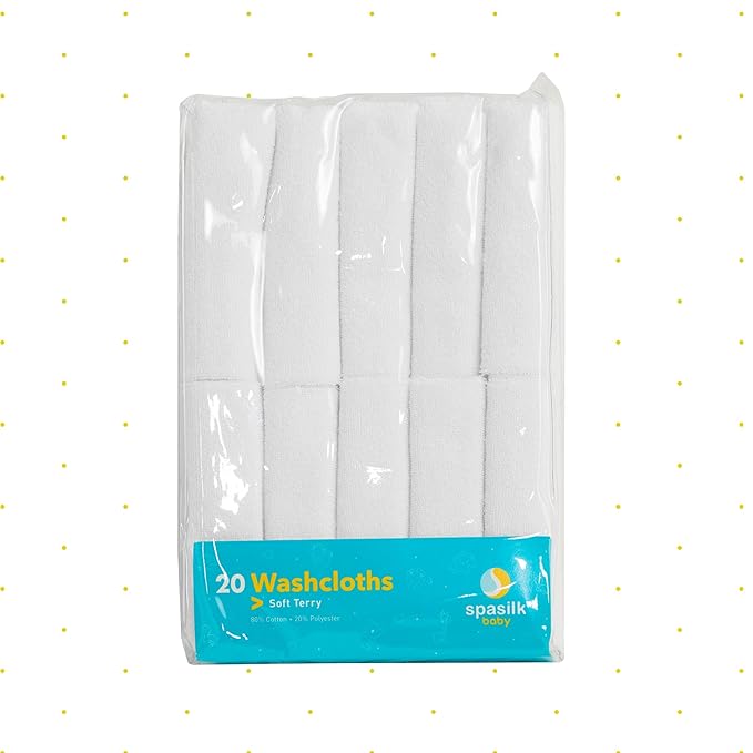 Spasilk Washcloth Wipes Set for Newborn Boys and Girls, Soft Terry Washcloth Set, Pack of 20, White